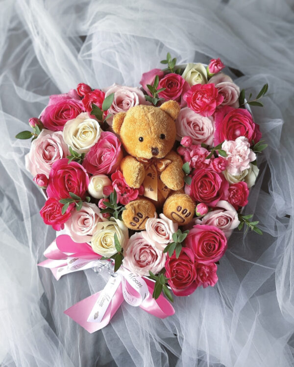 Fresh Mix Heart Box with Teddy Bear - Bloom Bouquet & Flower